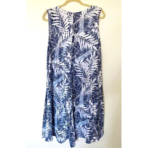 Woman Within Blue Tropical Leaf Print Sleeveless Linen Blend High Low Dress 18W - Picture 2 of 9